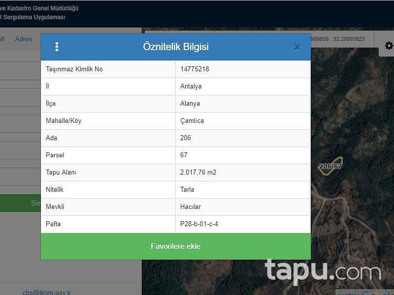 Antalya Alanya Çamlıca'da 2018 m2 Tarla