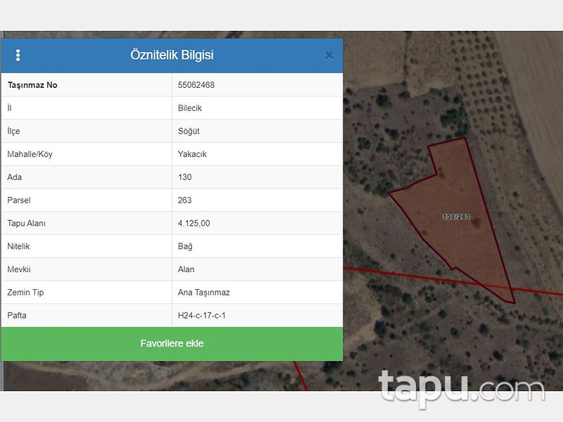 Bilecik Söğüt ilçesi Yakacık Mahallesi'nde 4125 m2 Tarla