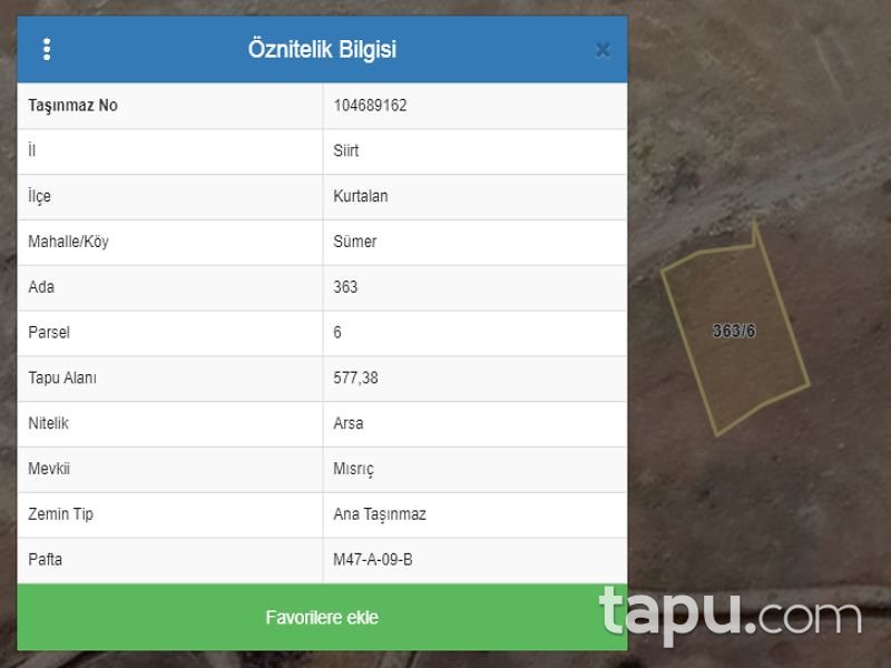 Siirt Kurtalan İlçesi Sümer Mahallesinde 557 m2 Konut İmarlı Arsa