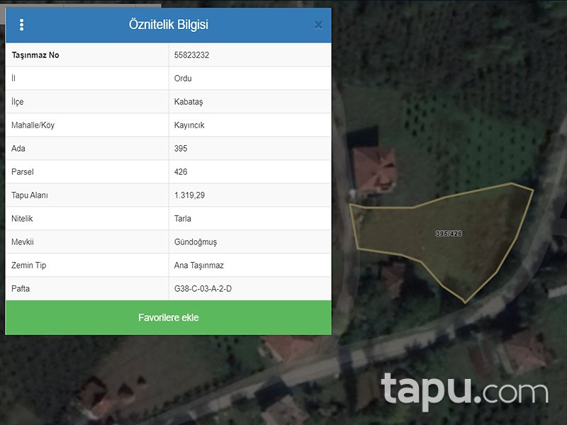 Ordu Kabataş Kayıncık Mahallesi'nde 1319 Tarla