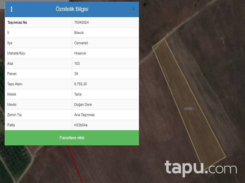 Bilecik Osmaneli Hisarcık Mahallesi'nde 6755 m2 Tarla