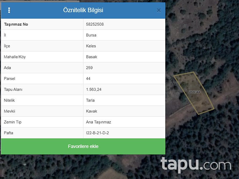 Bursa Keleş Başak Mahallesi'nde 1563 m2 Tarla