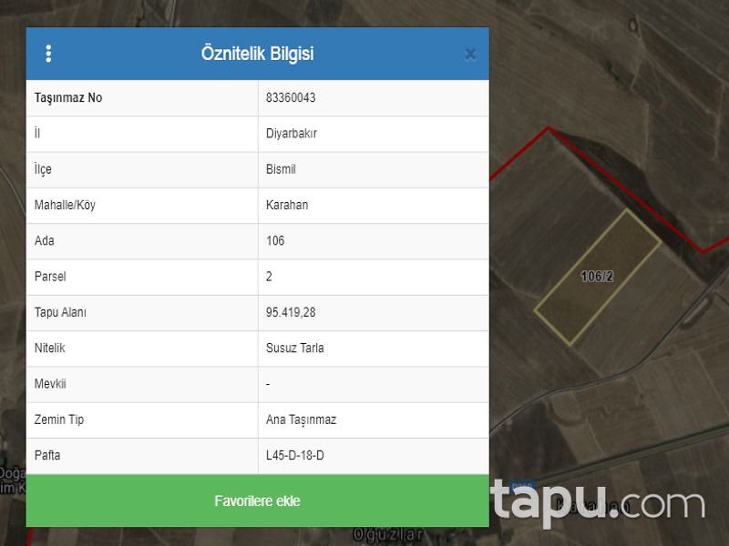 Diyarbakır Bismil Karahan Mahallesi'nde 95 Dönüm Tarla