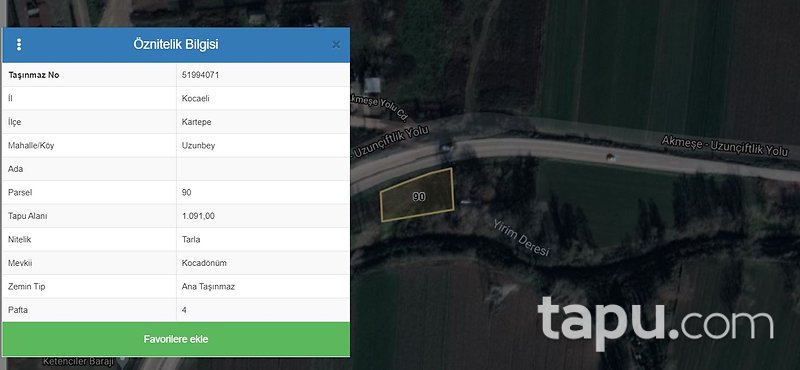Kocaeli Kartepe Uzunbey Mahallesi'nde 1 Dönüm Tarla