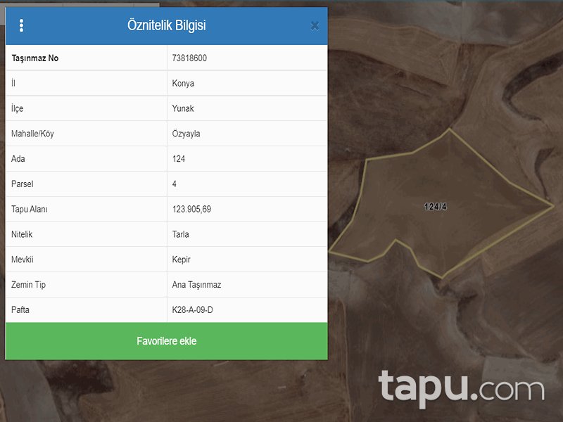 Konya Yunak Özyayla Mahallesi'nde 123 Dönüm Tarla