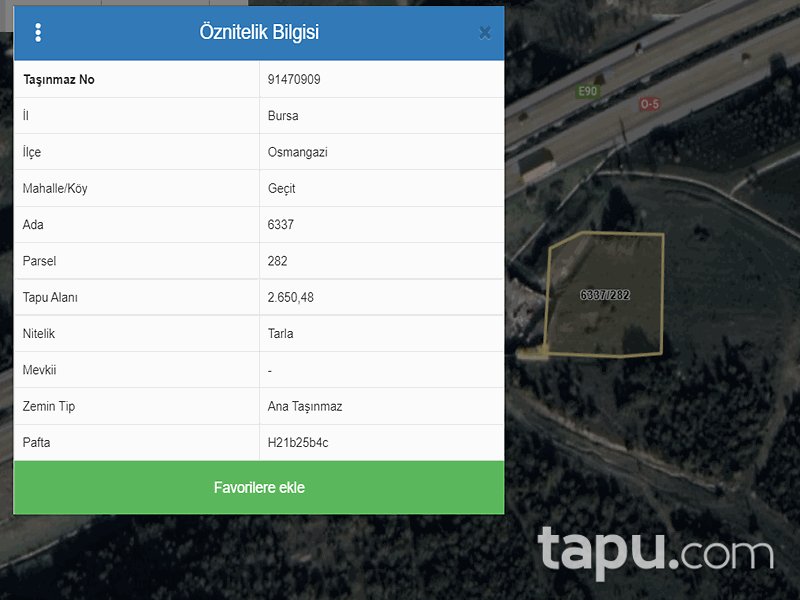 Bursa Osmangazi Geçit Mahallesi'nde 2652 m2 Tarla