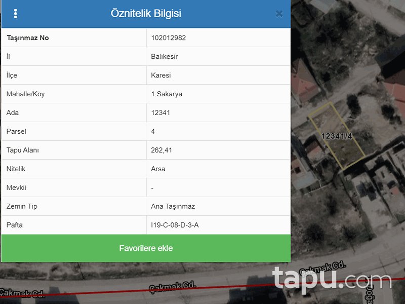 Balıkesir Karesi 1. Sakarya Mahallesi'nde 262 m2 Konut İmarlı Arsa