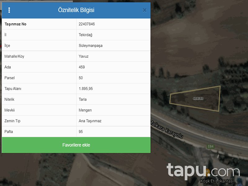Tekirdağ Süleymanpaşa Yavuz Mahallesi'nde 1895 m2 Tarla