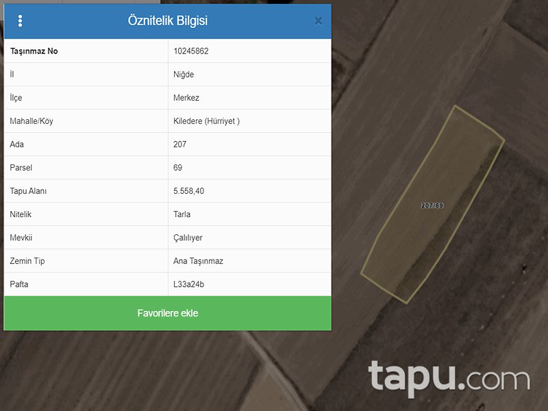 Niğde Merkez Kiledere Mahallesi'nde 5558 m2 Tarla