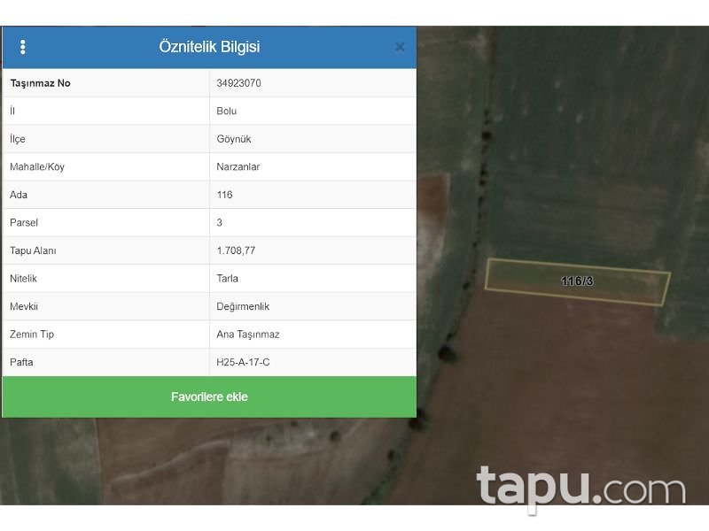 Bolu Göynük Narzanlar Mahallesi'nde 1708 m2 Tarla