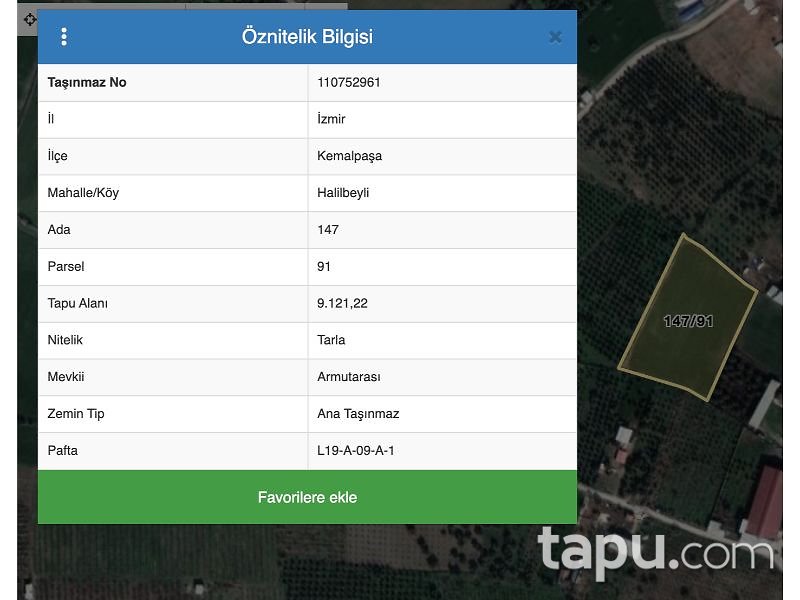 İzmir Kemalpaşa Halilbeyli Mahallesi'nde 9121 m2 Tarla