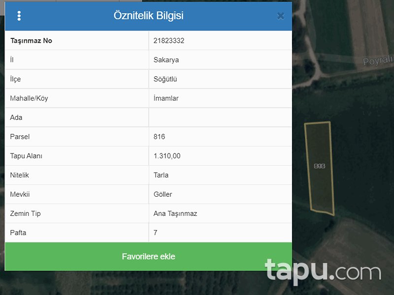 Sakarya Söğütlü İmamlar Mahallesi'nde 847 m2 Hisseli Tarla