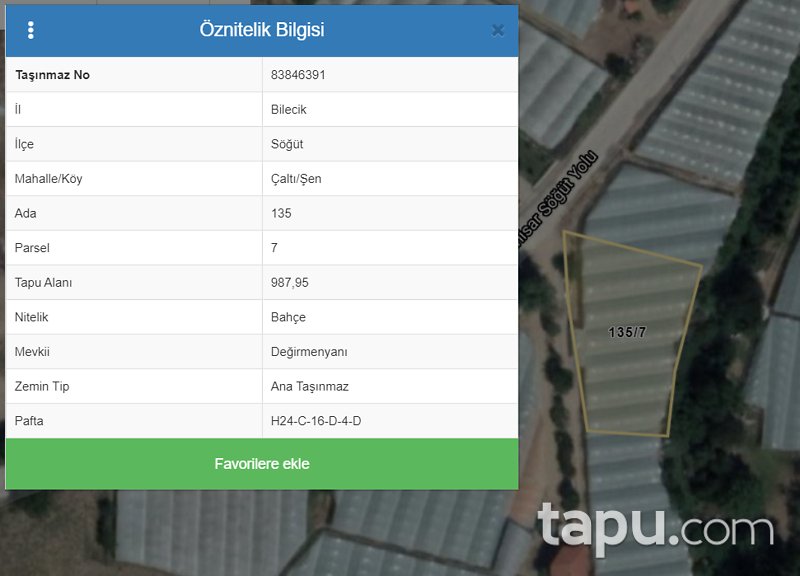 Bilecik Söğüt Çaltı/Şen Mahallesi'nde 987 m2 Bahçe