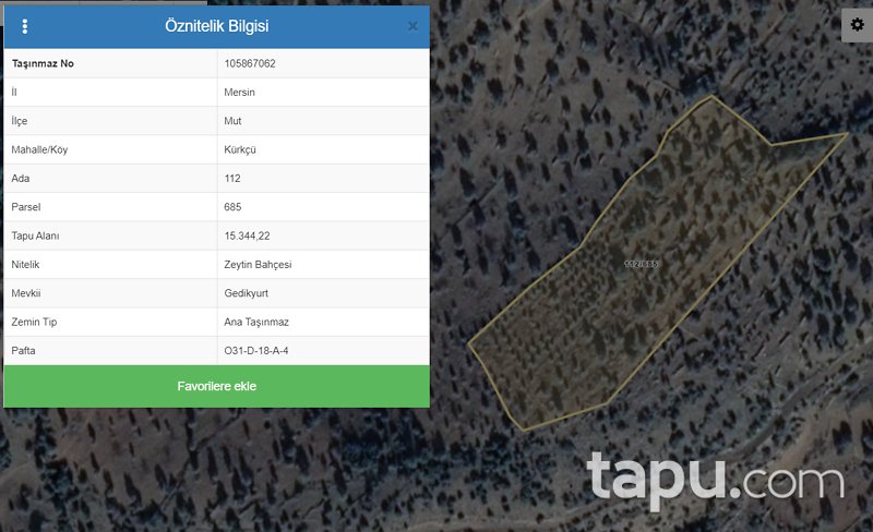 Mersin Mut Kürkçü Mahallesi'nde 15344 m2 Zeytin Bahçesi