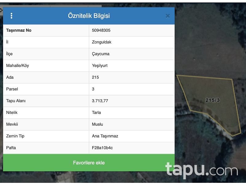 Zonguldak Çaycuma Yeşilyurt Mahallesi'nde 3713 m2 Tarla