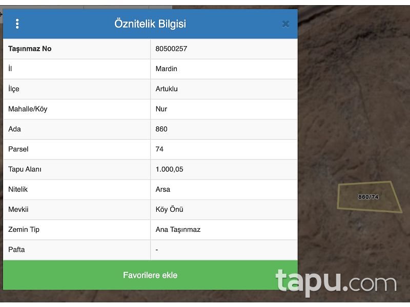 Mardin Artuklu Nur Mahallesi'nde 1000 m2 Konut İmarlı Arsa