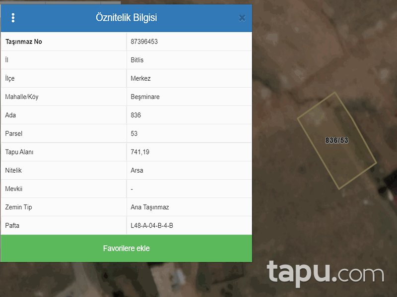 Bitlis Merkez Beşminare Mahallesi'nde 741 m2 Konut İmarlı Arsa