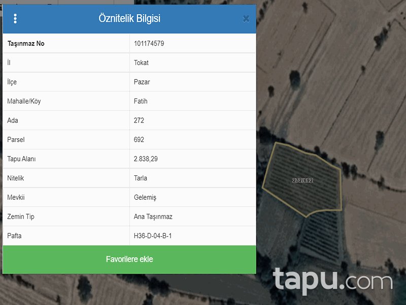 Tokat Pazar Fatih Mahallesi'nde 2838 m2 Tarla
