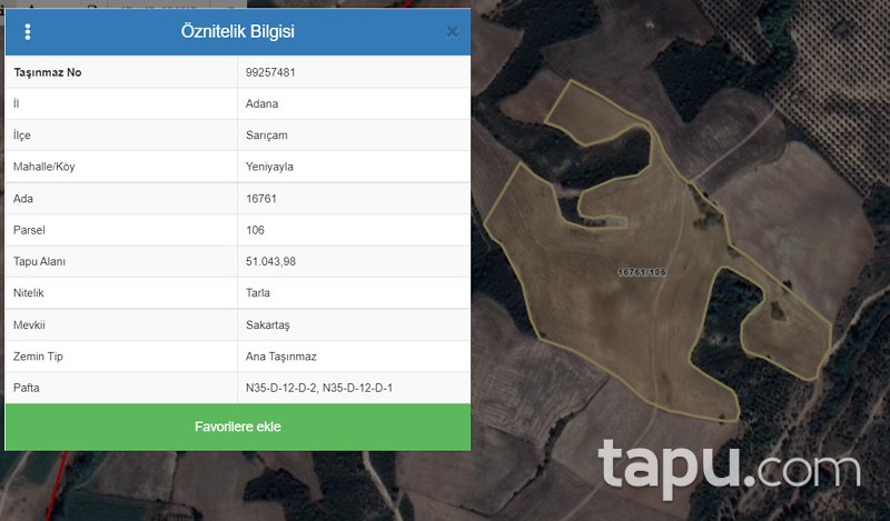 Adana Sarıçam Yeniyayla Mahallesi'nde 51043 m2 Tarla