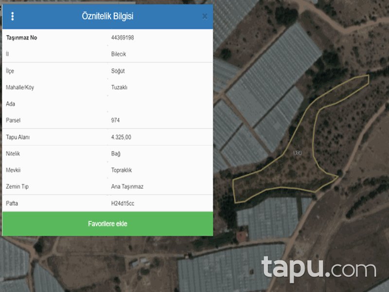Bilecik Söğüt Tuzaklı Mahallesi'nde 4325 m2 Bağ