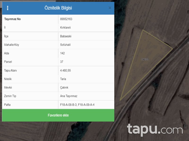 Kırklareli Babaeski Sofuhalil Mahallesi'nde 4480 m2 Tarla