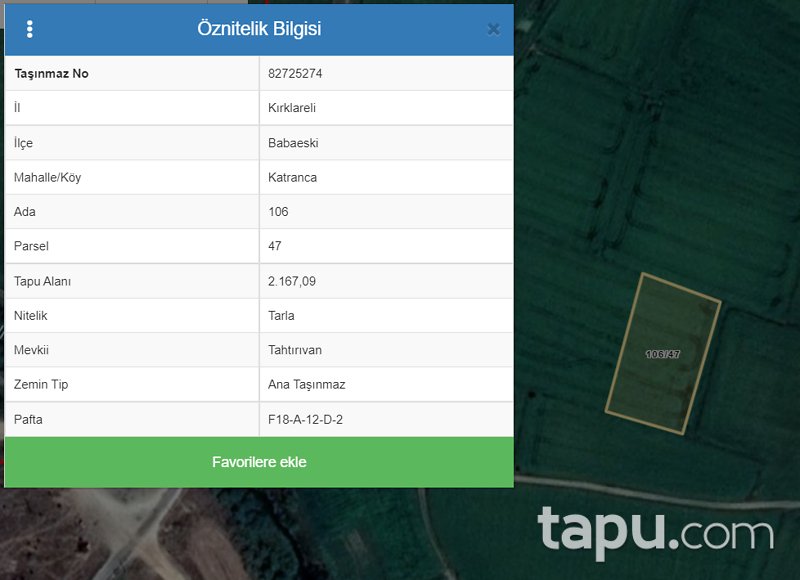Kırklareli Babaeski Katranca Mahallesi'nde 2167 m2 Tarla