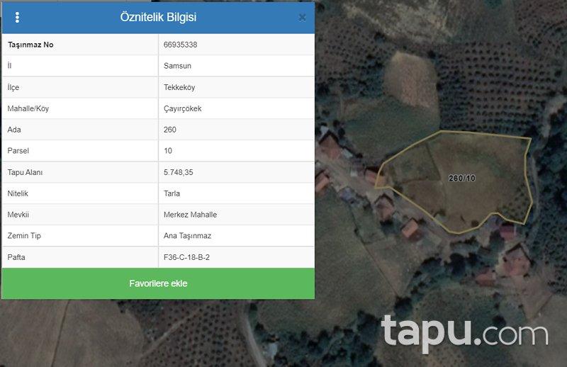 Samsun Tekkeköy Çayırçökek Mahallesi'nde 5748 m2 Tarla