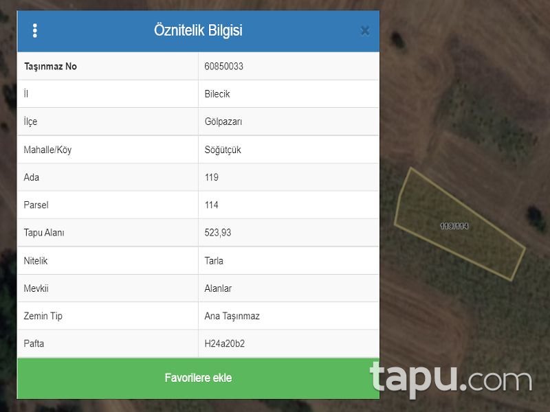 Bilecik Gölpazarı Söğütçük Mahallesi'nde 523 m2 Tarla