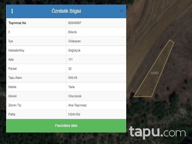 Bilecik Gölpazarı Söğütçük Mahallesi'nde 549 m2 Tarla