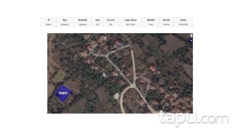 Bilecik Gölpazarı Söğütçük Mahallesi'nde 881 m2 Tarla