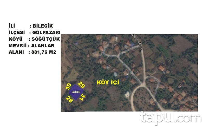 Bilecik Gölpazarı Söğütçük Mahallesi'nde 881 m2 Tarla