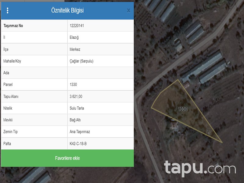 Elazığ Merkez Çağlar Mahallesi'nde 3621 m2 Sulu Tarla