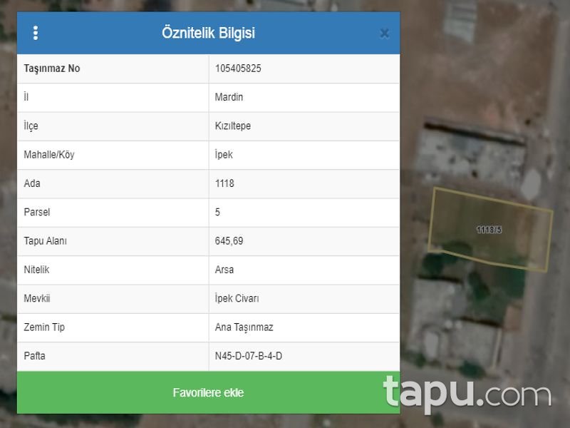 Mardin Kızıltepe İpek Mahallesi'nde 645 m2 Konut İmarlı Arsa