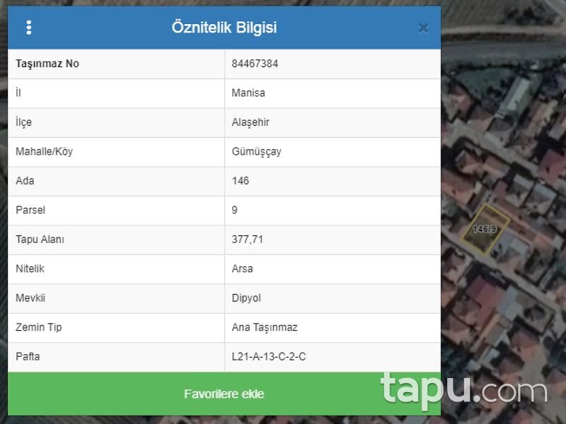 Manisa Alaşehir Gümüşçay Mahallesi'nde 377 m2 İmarlı Arsa