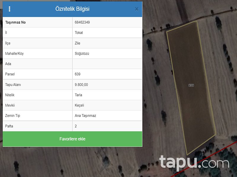 Tokat Zile Söğütözü Mahallesi'nde 9800 m2 Tarla