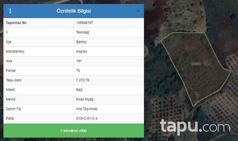 Tekirdağ Şarköy Hoşköy Mahallesi'nde 7272 m2 Bağ