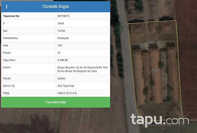 Tokat Turhal Kızkayası Mahallesi'nde 4989 m2 Bina ve Arsası
