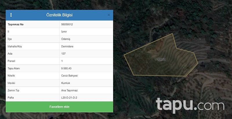 İzmir Ödemiş Demirdere Mahallesi'nde 9580 m2 Ceviz Bahçesi (1595)