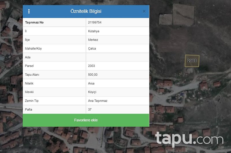 Kütahya Çalca Mahallesi'nde Yatırıma Uygun Konut İmarlı Arsa