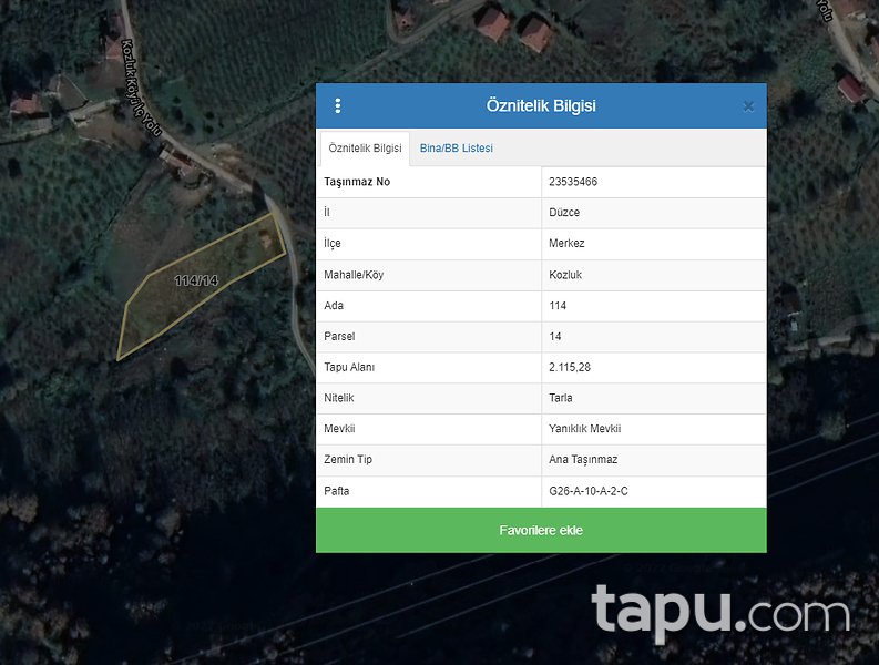 Düzce Kozluk Köyü'nde Yola Cepheli 2 Dönüm Tarla