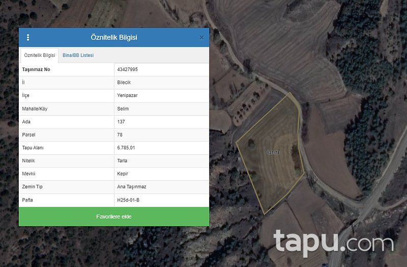 Bilecik Yenipazar Selim Köyü'nde 6785 m2 Yatırımlık Tarla