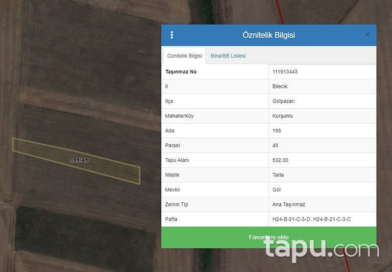 Bilecik Gölpazarı Kurşunlu Köyü'nde 532 m2 Tarla