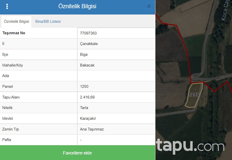 Çanakkale Biga Bakacak Köyü'nde 2.416 m2 Tarla