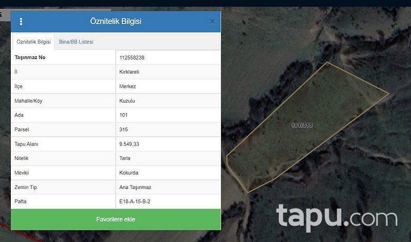 Kırklareli Merkez Kuzuluk'ta 9.549 m2 Tarla