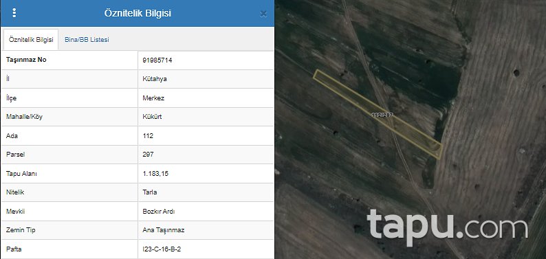 Kütahya Merkez Kükürt'de 1183 m2 Tarla