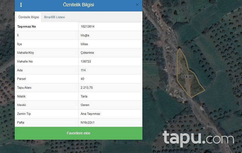 Milas Çökertme Mahallesi'nde 2213 m2 Tarla