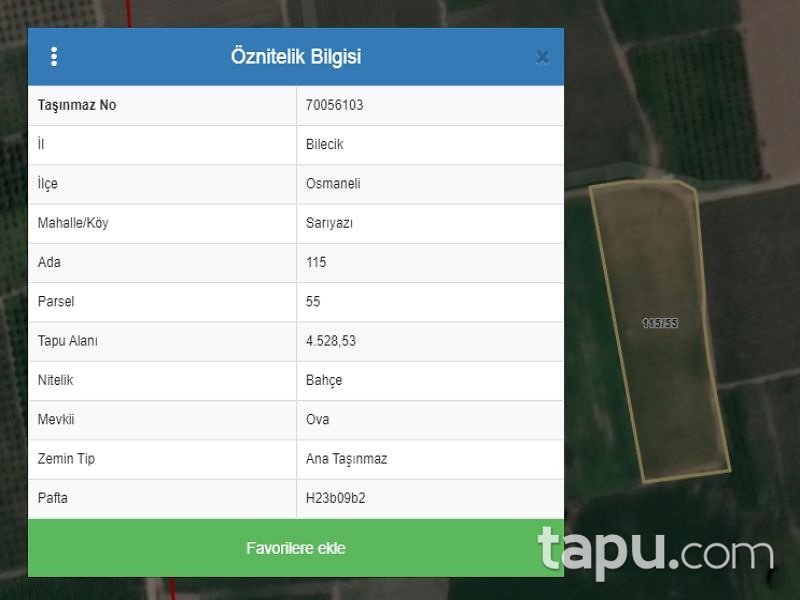 Bilecik Osmaneli Sarıyazı Mahallesi'nde 4528 m2 Bahçe