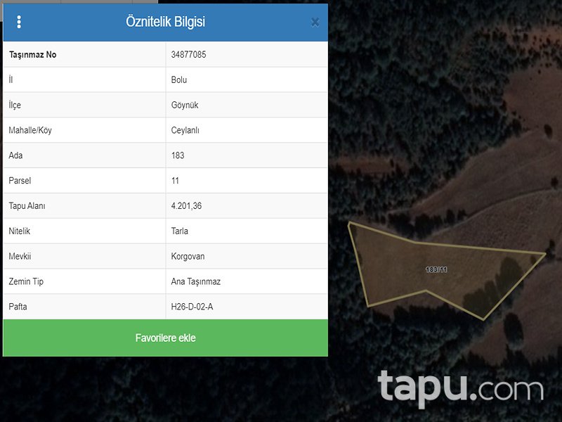 Bolu Göynük Ceylanlı'da 4201 m2 Tarla