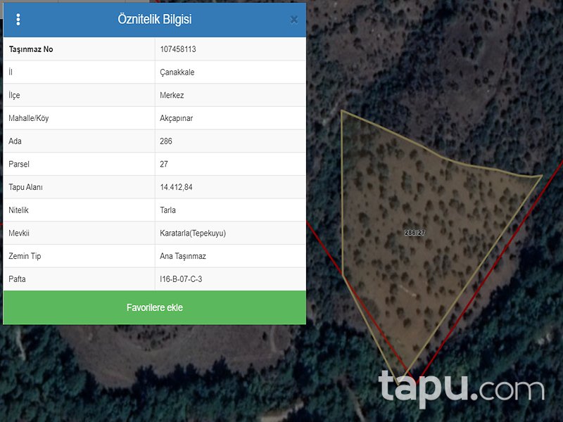 Çanakkale Merkez Akçapınar Mahallesi'nde 14412 m2 Tarla