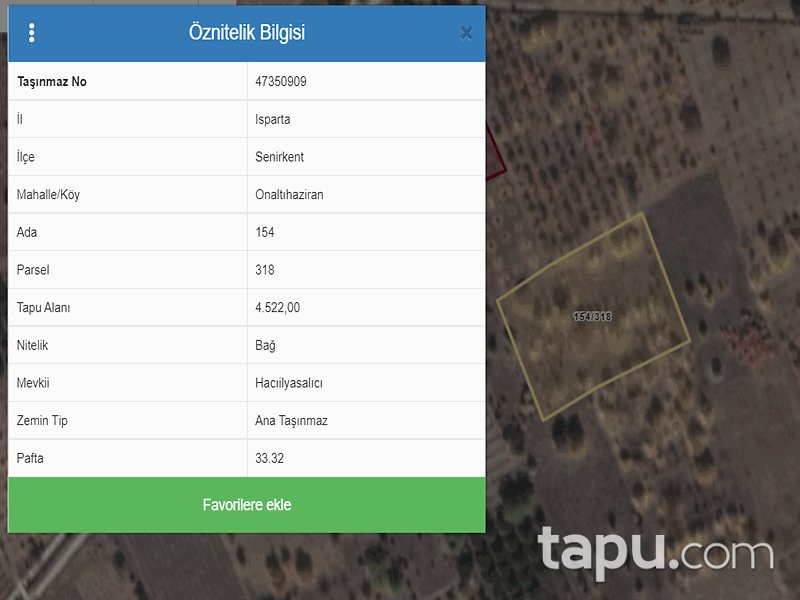 Isparta Senirkent Onaltı Haziran Mahallesi'nde 4522 m2 Bağ (1060)
